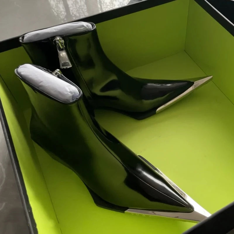 2024 Side Zipper Fashion Women's Ankle Boots Metal Pointed Toe Ladies