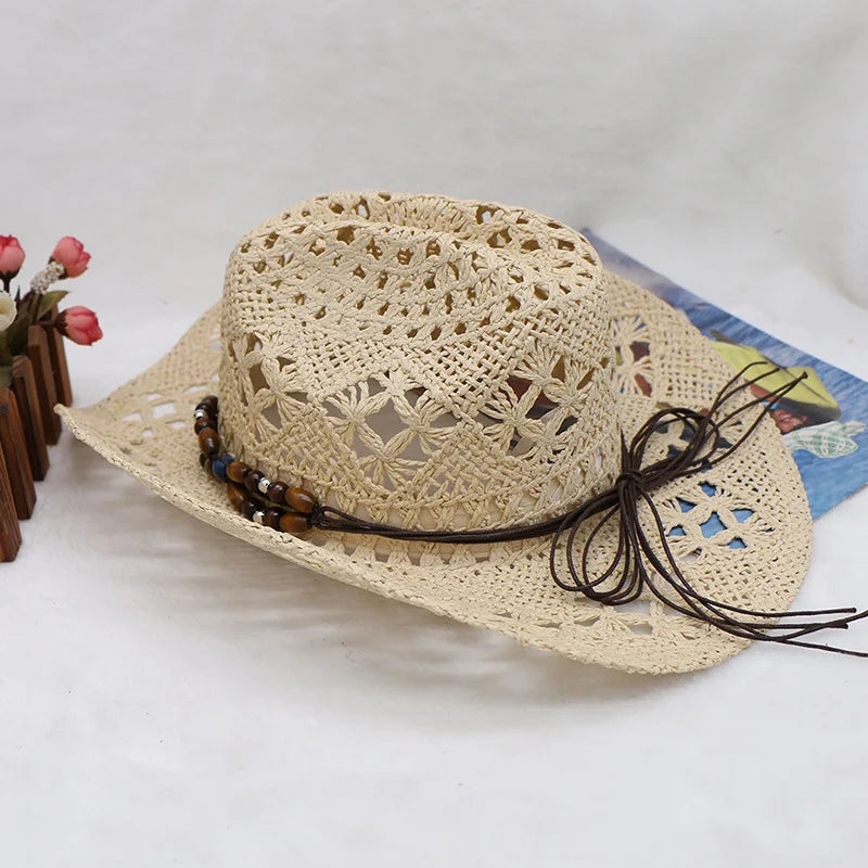 Straw Hat  Women Men Summer Handmade  Vintage Hollow Western  brim Sun