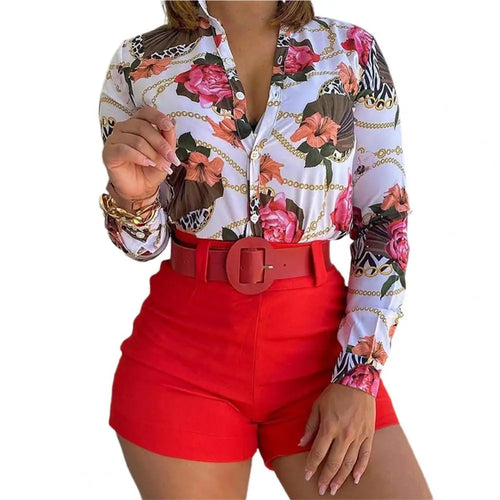 1 Set Women Blouse Shorts Suit Floral Spring Summer Printed Blouse