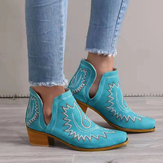 Women Boots Flower Embroidered Cowboy Boots Platform Winter Warm Ankle