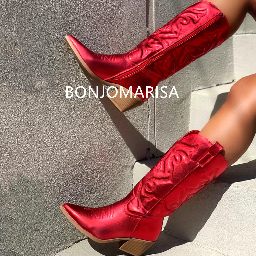 Silver Metallic Cowboy Boots For Women Pointed Toe Wide Calf Western