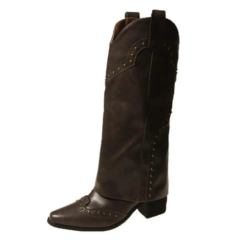 Studded Boots Women Low Heel Cowboy Chelsea Western Short Leather Knee