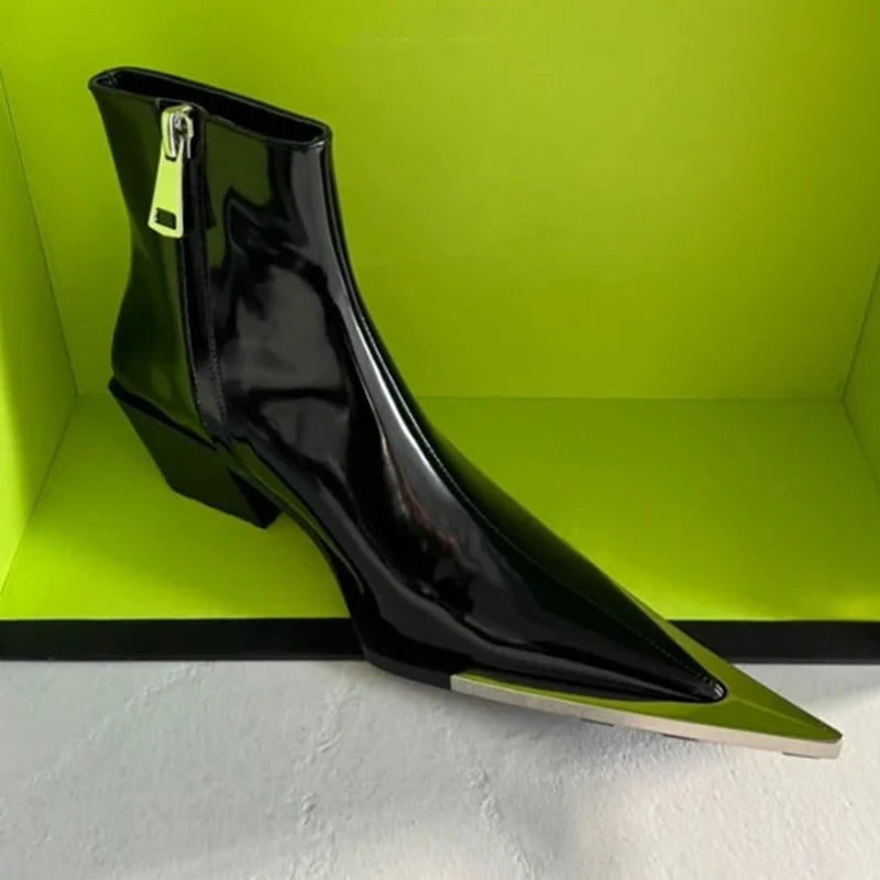 2024 Side Zipper Fashion Women's Ankle Boots Metal Pointed Toe Ladies