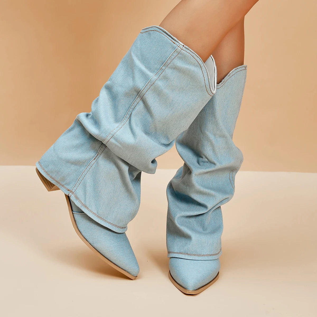 Pleated Block Heels Denim Boots for Women 2023 Autumn Pointed Toe