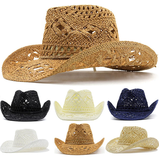 Hollowed Out Wide Brim Western Cowboy Hat Retro Hand-woven Natural