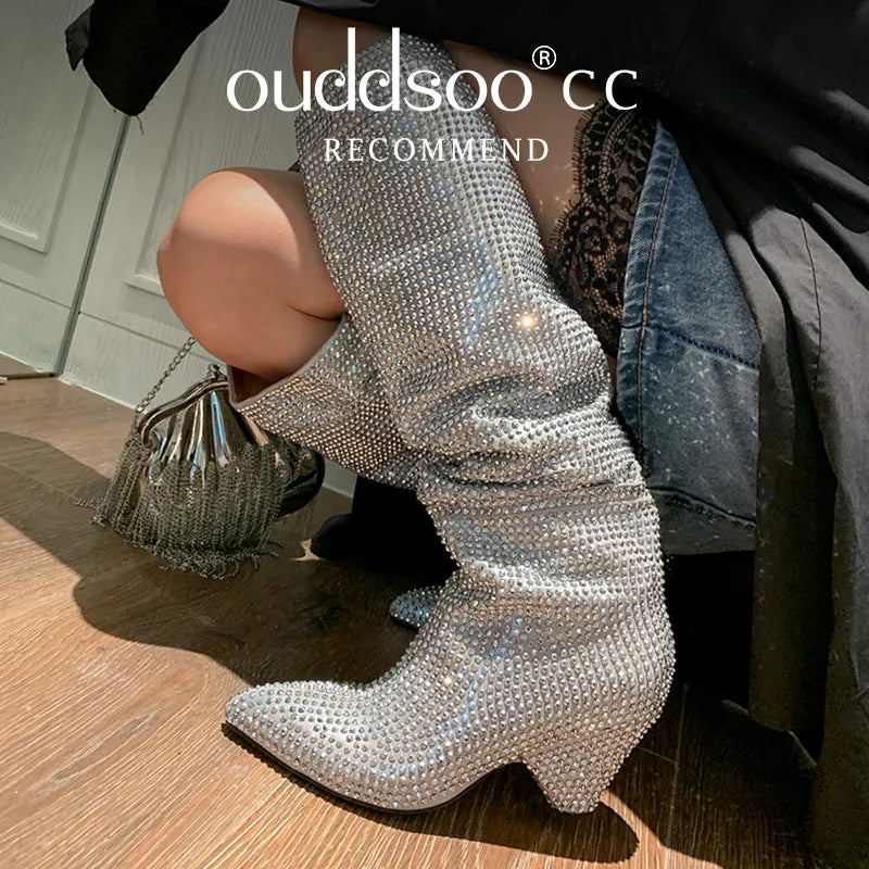 Ods Sexy Brand Luxury Bling Silver Crystal Knee High Chunky Womens