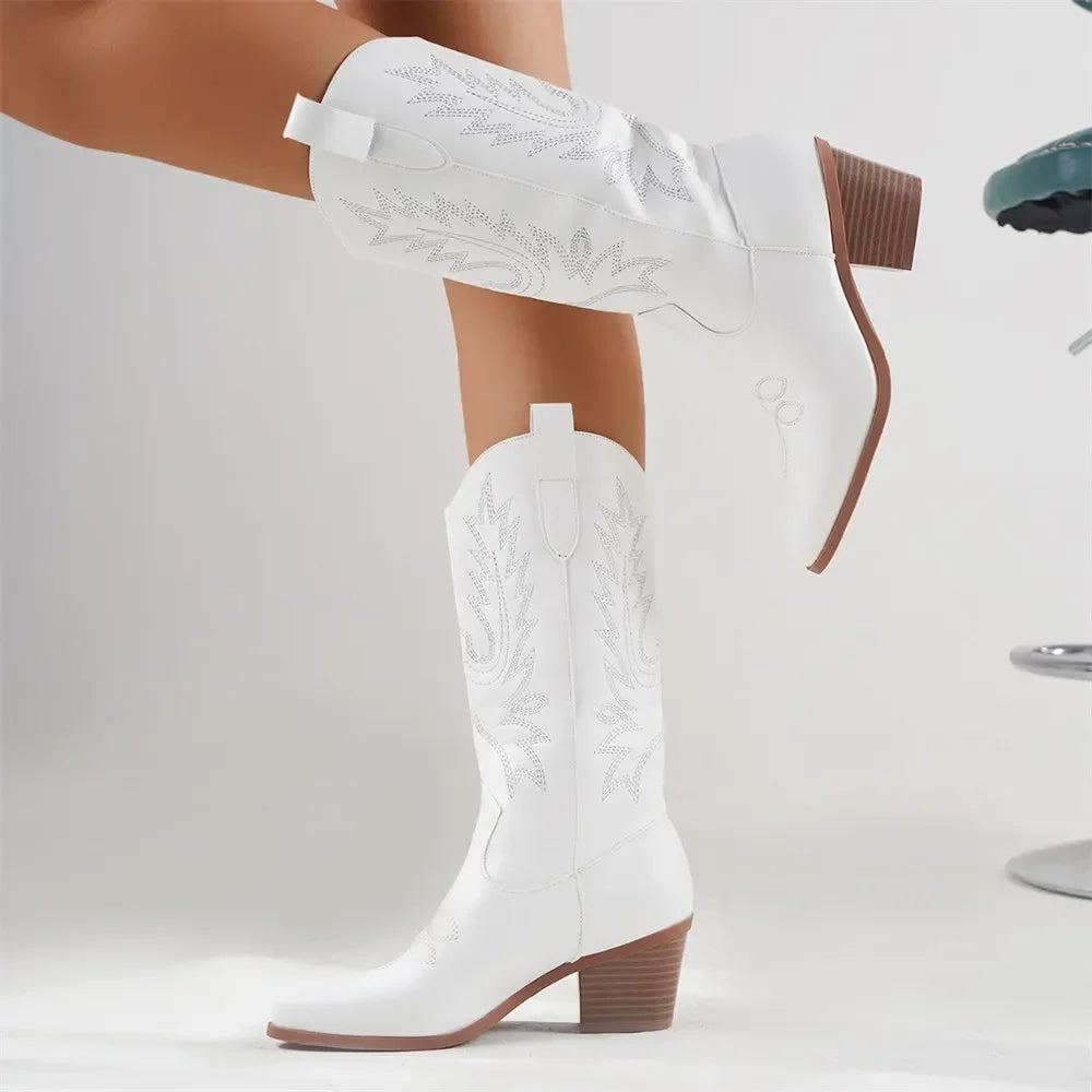 Plus size 43 High Quality Block Heels Mid-calf White Cowboy Boots