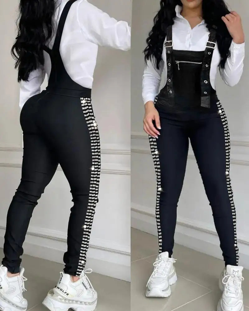 Elegant Rhinestone Decor Buckled Suspender Jumpsuit Women 2024 Spring