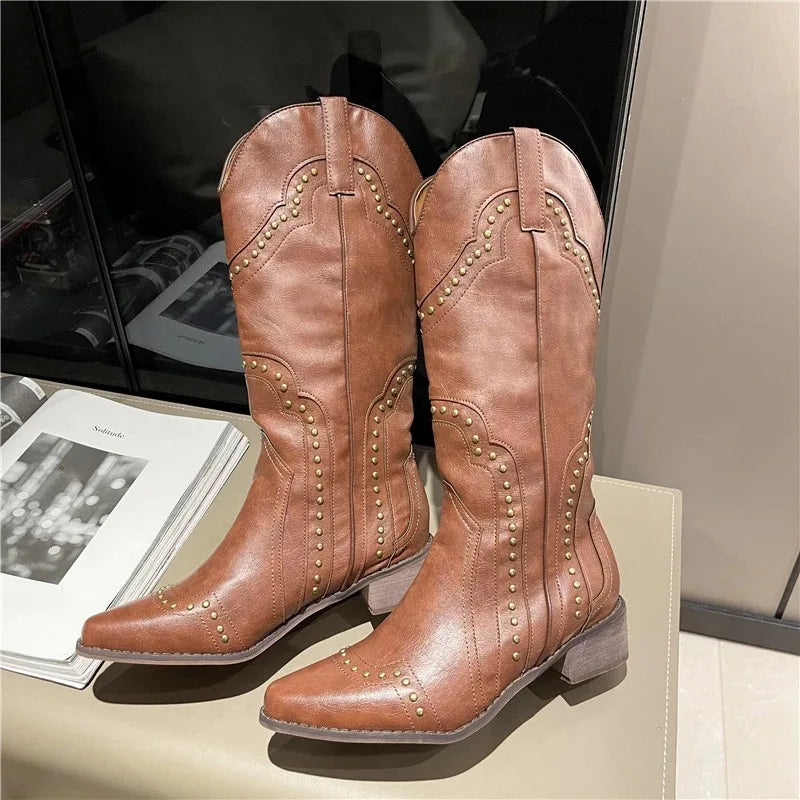 Retro Rivet Long Boots Women Low Heel Cowboy Chelsea Western Pu