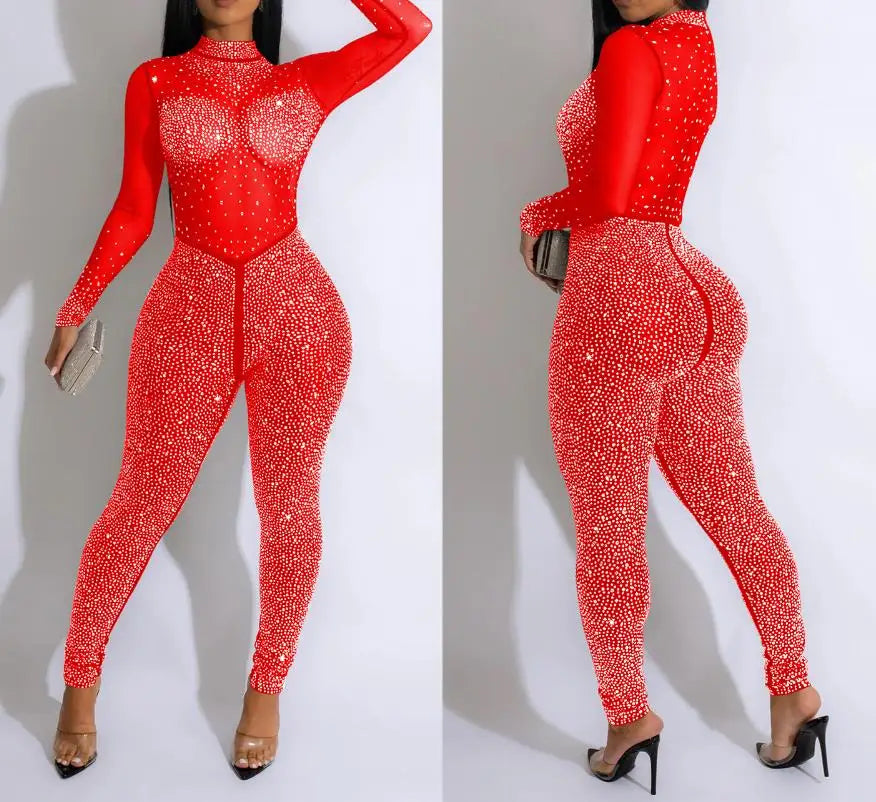 Sexy Party Jumpsuits Women 2023 Autumn Solid Mesh Diamond Fashion Long