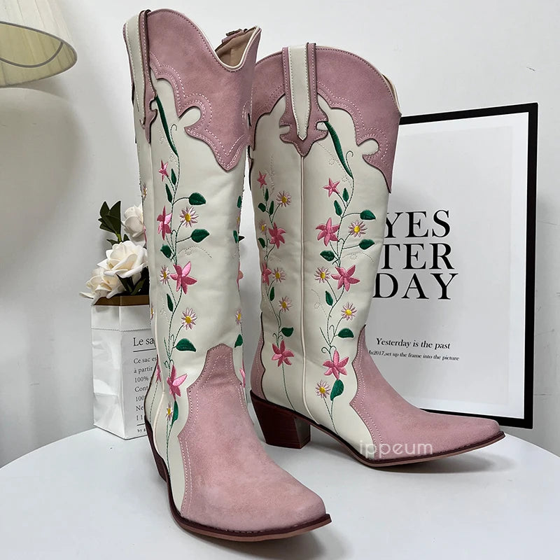 IPPEUM Cowgirl Boots Pink Flower Embroidered Knee Shoes For Women Mid