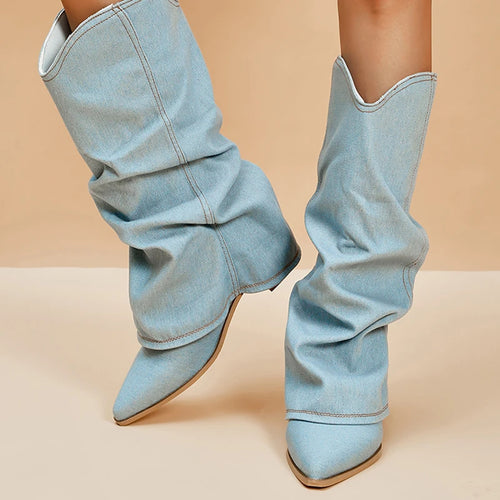 Pleated Block Heels Denim Boots for Women 2023 Autumn Pointed Toe