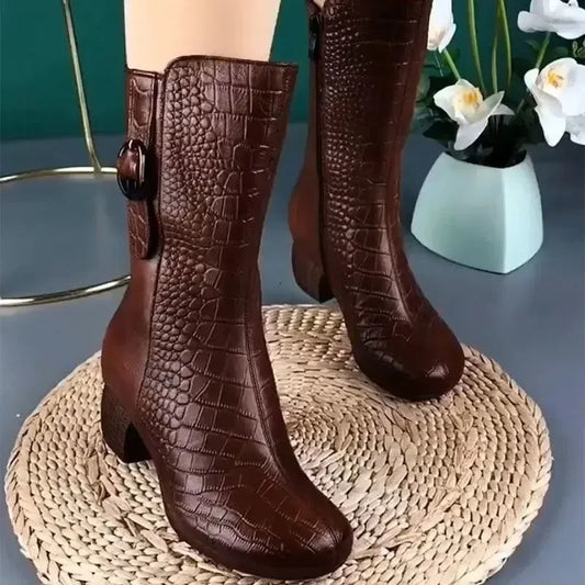 Cowboy Boots for Women High-top Faux Leather Winter Shoes Retro Womens