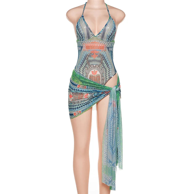 Women Sexy Halter Mesh Print Indie Folk Two Piece Set Deep V-neck