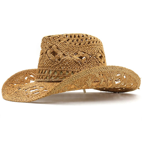 Hollowed Out Wide Brim Western Cowboy Hat Retro Hand-woven Natural