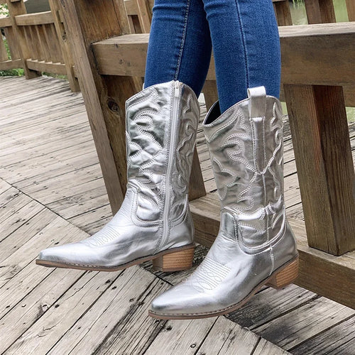 Women Shoes High Quality Gold Women's Boots Mid-calf Side Zipper