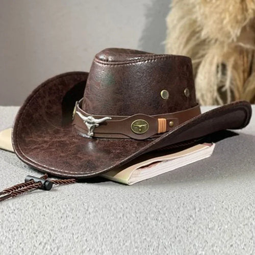 Western Cowboy Hat Ox Head Belt Rivet Fedora Cap For Men Women Outdoor