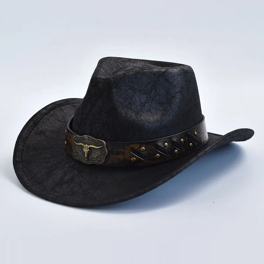 Men Women Western Cowboy Hats Faux Leather Vintage Gentleman Cowgirl