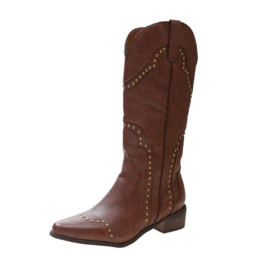 Retro Rivet Long Boots Women Low Heel Cowboy Chelsea Western Pu