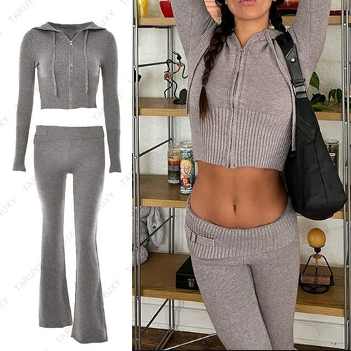 Taruxy Spring New Hoodie Cropped Top And Pants Sets White Y2k Casual