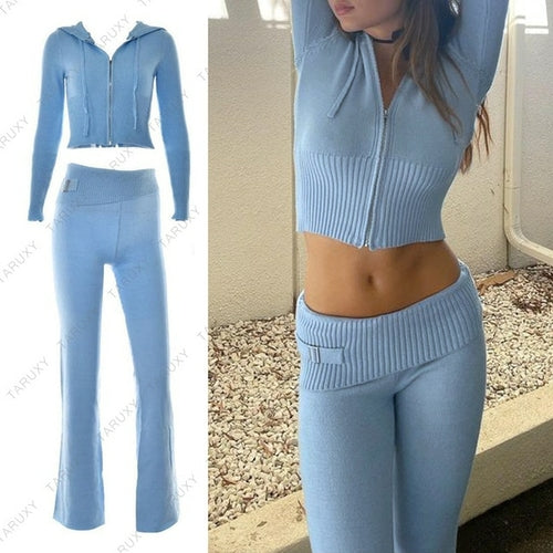 Taruxy Spring New Hoodie Cropped Top And Pants Sets White Y2k Casual