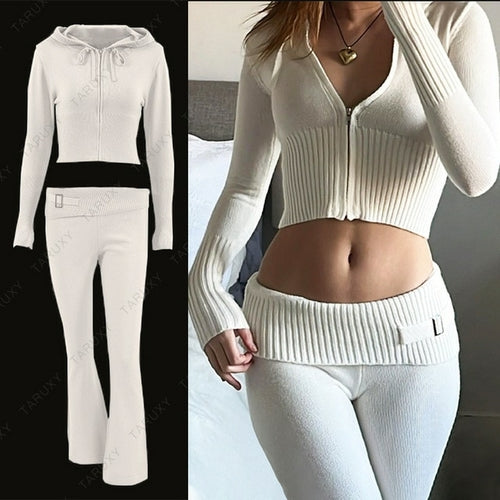 Taruxy Spring New Hoodie Cropped Top And Pants Sets White Y2k Casual