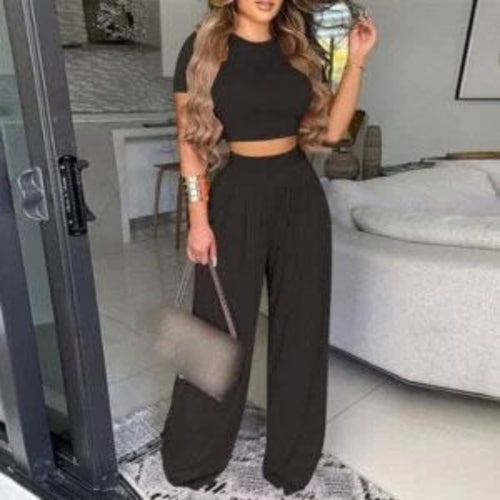 Two Piece Sets Elegant Print Short Sleeve Shirt Pullover + Wide Leg