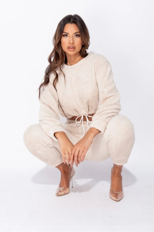 BEIGE TEDDY BORG CROPPED TOP & JOGGER LOUNGE SET