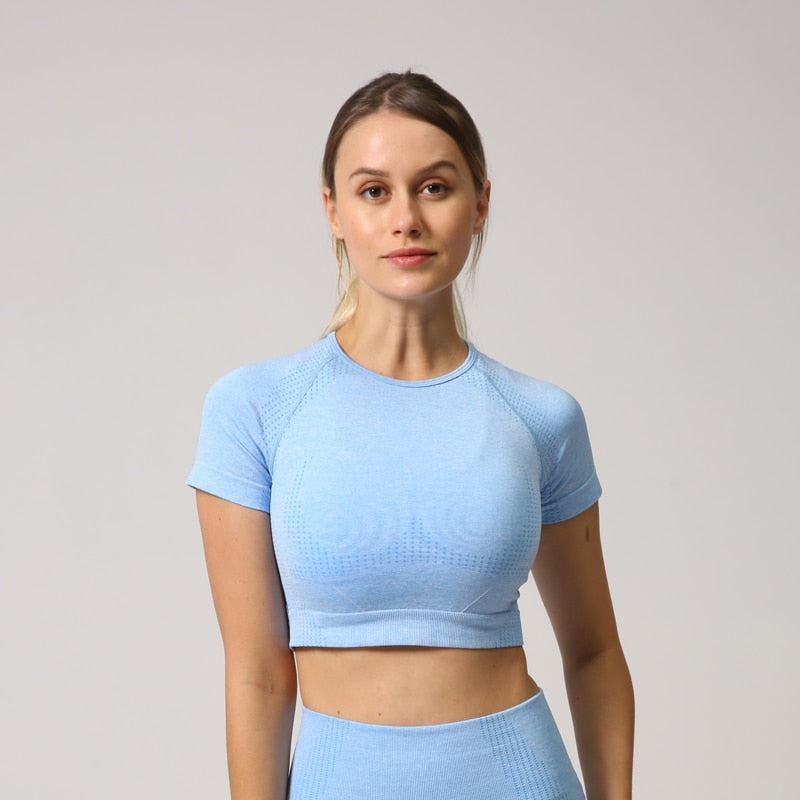 Women Seamless Yoga Shirt Fitness Short Sleeve Crop Top Workout Tops